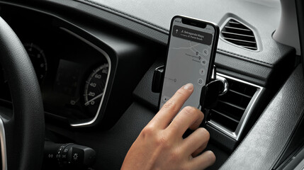 Hands of a young European girl sitting in a car with a black interior, touching the phone standing in the phone holder with her finger, a navigator map is shown on the screen
