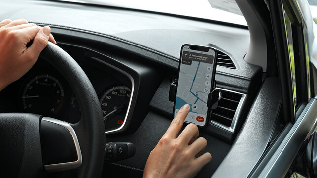 Hands of a young European girl sitting in a car with a black interior, touching the phone standing in the phone holder with her finger, a navigator map is shown on the screen