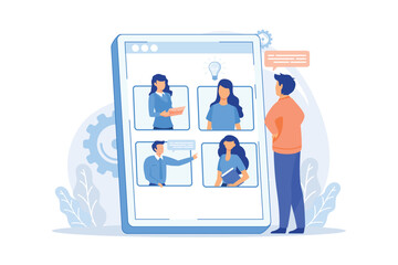Online meetup Conference call, join meetup group, video call online service, distance communication, informal meeting, members networking flat design modern illustration