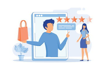 Product review Social media review, online rating service, content marketing tools, customer feedback, new product rating, recommendation flat design modern illustration