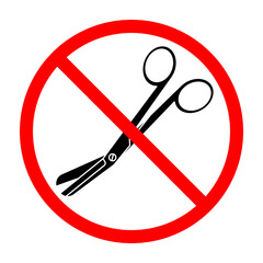 Scissors ban sign. Scissors prohibition sign. No scissors sign. Vector illustration.