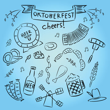 Cartoon illustration of Octoberfest icon, symbol of beer, music and food festival