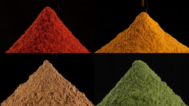 Various spices or seasoning. Heap different Spices rotated on black background. Allspices