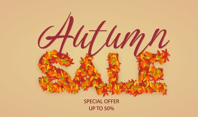 Autumn sale background layout decorated with leaves for sale or promo poster. Word SALE lined with leaves. Vector illustration template.