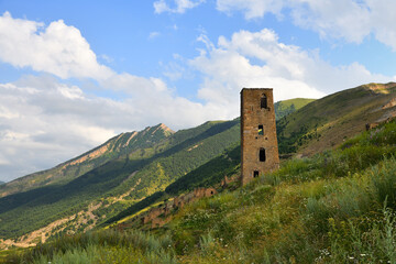 Tower of old village Goor in Dagestan, Russia. Panoramic view of the ancient Goor settlement