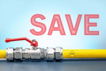 Reduce Energy, Gas Consumption Concept. Yellow Gas Tube With Valve And Word SAVE On Blue Background.