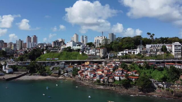 Beautiful aerial cinematographic image with drone Salvador in Bahia in coastal metropolis above the ocean