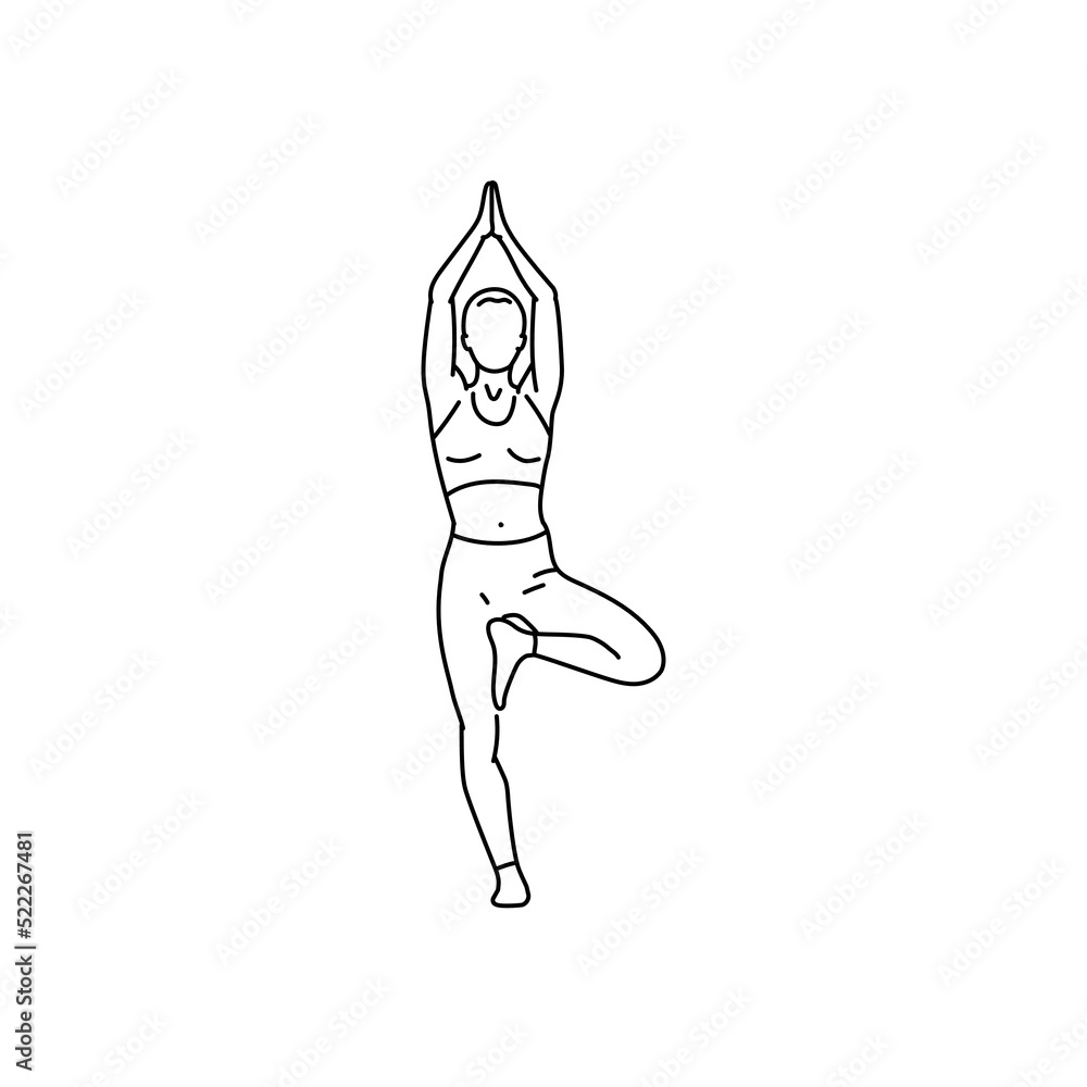 Poster tree pose vrikshasana color line illustration. pictogram for web page