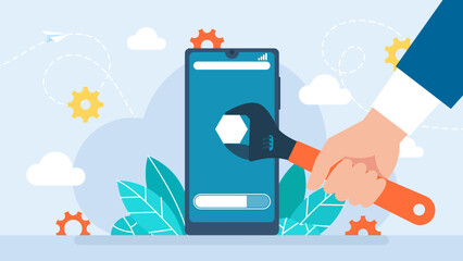 Concept of creating, setting personal pages, and repairing. User interface customization, programming. Phone screen with user's personal page. User customizes settings on mobile. Vector illustration