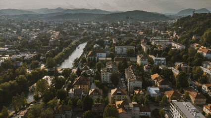 Aerial view of Ljubljana Slovenia. Summer landscape. Travel in Europe drone photo.