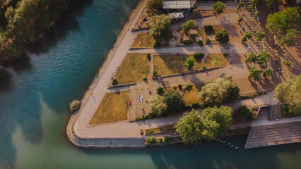 Aerial view of the river Ljubljanica, Ljubljana Slovenia. Summer landscape. Travel in Europe drone...