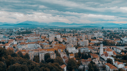 Fototapeta premium Ljubljana, Slovenia city center view from above. Green capital of Europe. An aerial view drone photo.