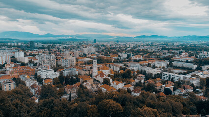 Fototapeta na wymiar Ljubljana, Slovenia city center view from above. Green capital of Europe. An aerial view drone photo.