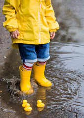 A small child in rainbow socks, yellow rubber boots and a jacket runs through puddles, has fun and...