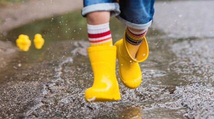 A small child in rainbow socks, yellow rubber boots and a jacket runs through puddles, has fun and plays after the rain. A picture of summer and autumn holidays. Legs close-up.