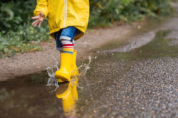 A small child in rainbow socks, yellow rubber boots and a jacket runs through puddles, has fun and...
