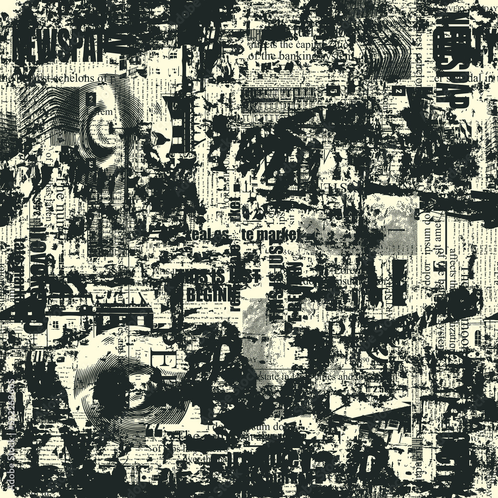 Poster abstract seamless pattern with chaotic layering of unreadable newspaper text, illustrations and titl