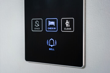 Digital room keycard and control panel of the luxury hotel's room with information icon. Technology...