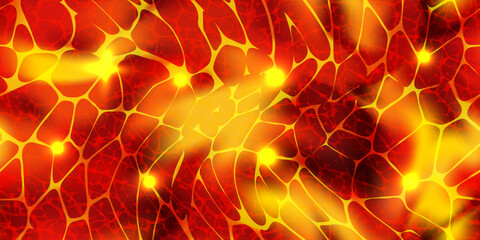 Seamless pattern of volcano lava river or glowing magma surface top view. Abstract vector background. Molten metal effect. Liquid steel. Red, yellow, orange, black gradient. Fire wallpaper