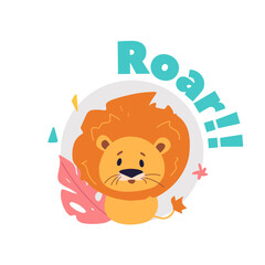 Cute baby cartoon lion  design illustration. Wild tiny lion animals in circle and pink tropical leaves. Text Roar. Hand drawn doodle art for banner, poster, print, cards, kid’s book.
