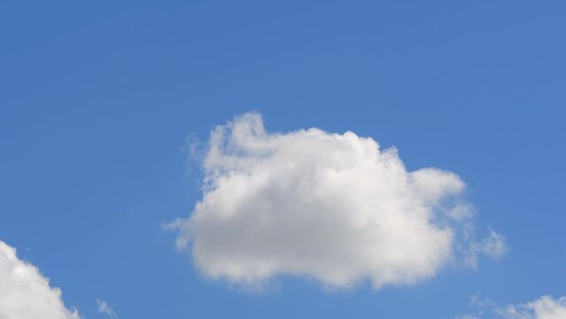 A single cumulus cloud quickly changes its shape and moves. The sky changes with time from the wind.