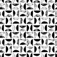 Geometric abstract seamless pattern with semicircles. Black and white simple elements of geometry, imprint halved circles. Bauhaus constructive style. Hand drawn vector grunge retro pattern.