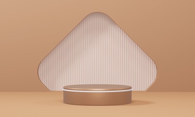Empty minimalistic brown podium with white rim in studio lighting. A single cylinder on a brown background with an opening in the form of a rhombus with rounded edges. 3d render