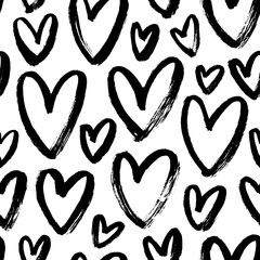 Seamless patterns with black hearts. Trendy texture with a jumble of hearts. Hand drawn black brush strokes. Simple repeating texture for Valentine's day or wedding. Love and romantic motif background
