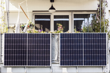 Solar panels on Balcony of Apartment block. House Solar Power System. Modern Solar Balcony