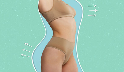 Cropped image of slim female body in beige underwear isolated over green background. Weight loss