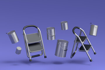 Set of metal cans or buckets of paint with folding ladder on violet background.