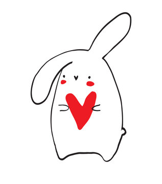 Cute Childish Style Drawing with Sketched Bunny Isolated on a White Background. Funny Hand Drawn Vector Print with Happy Rabbit Holding Red Heart. Sweet Nursery Art ideal for Easter.