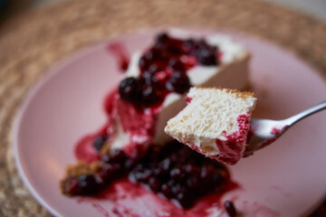 Delicious homemade cheesecake served as dessert in an elegant Italian restaurant. Food concept