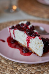 Delicious homemade cheesecake served as dessert in an elegant Italian restaurant. Food concept