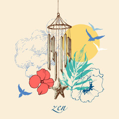 Wind chimes over the sky background. Zen poster for wellbeing and relaxation