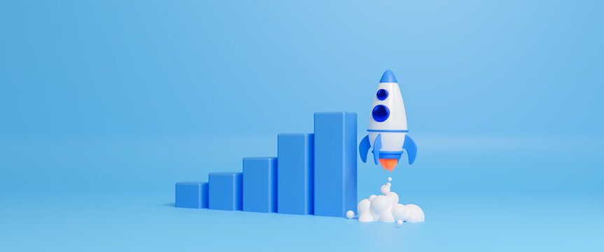 Growthing Graph Bar With Rocket Rising Moving Up. Start Up Business Development To Success And Growing Growth Concept. Abstract Rocket Launch And Graph Growing Up. Success Strategy. 3d Rendering