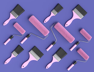 Set of metal cans or buckets with paint rollers and brushes on violet background