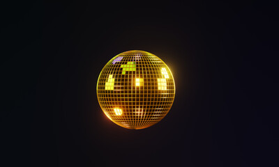 3D render of  golden glowing and reflecting disco ball isolated on black background  