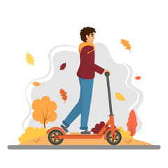 Smiling young man riding an electric scooter in autumn park. Modern urban eco vehicles. Isolated on white background. Flat design vector illustration