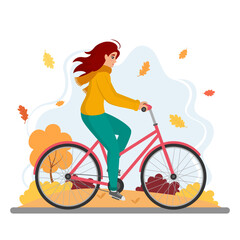 Smiling young woman in warm sweater riding a bicycle in autumn park. Cycling activity and healthy and lifestyle concept. Isolated on white background. Flat design vector illustration