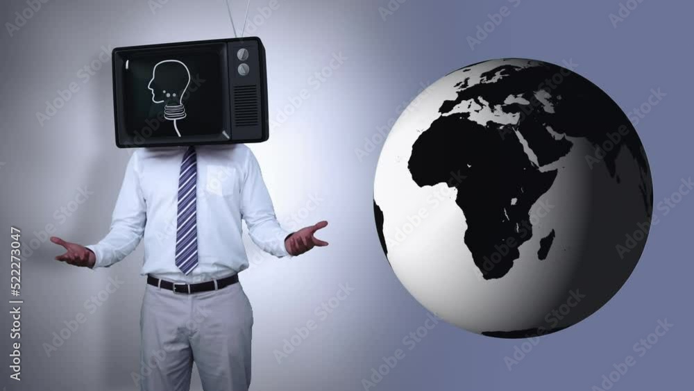 Poster animation of caucasian man with tv instead of head and globe on grey background