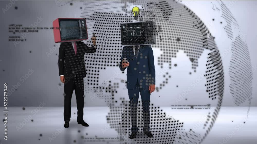 Aufkleber animation of caucasian men with tv instead of heads over globe and data