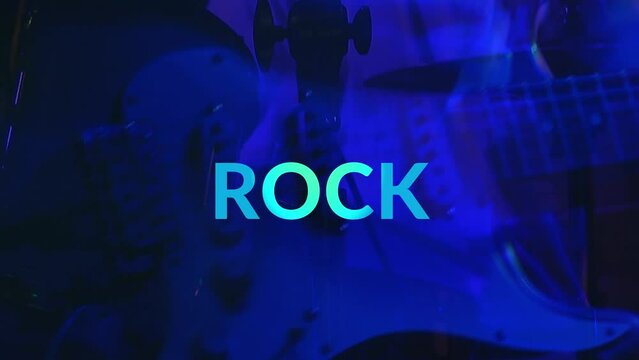 Animation of rock text over musician playing guitar