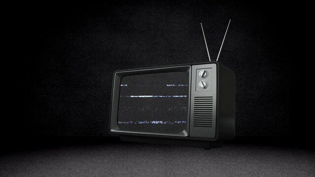 Animation of vintage tv with glitch on black background