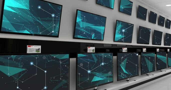 Animation of connections over wall with tv screens