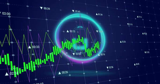 Animation of circle with battery over digital screen with financial graphs and data