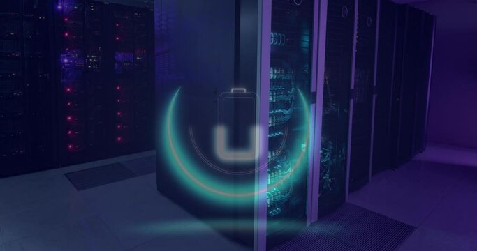 Animation of neon circle with battery over servers