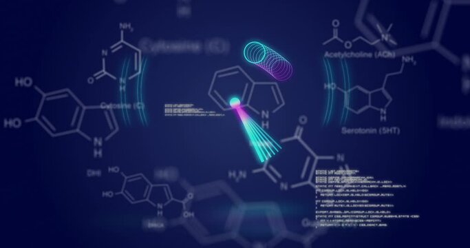 Animation of neon circles over data and chemical formulas on digital screen