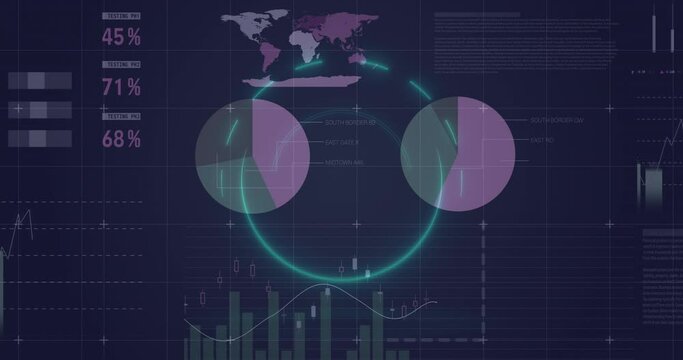 Animation of circle over digital screen with financial graphs and data