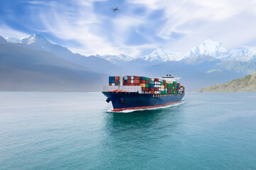 Cargo ship with containers in sea and mountain with airplane background, Logistics, transportation of cargo, shipping  goods by sea import export of international - obrazy, fototapety, plakaty